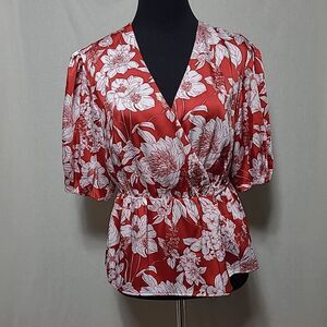Rebecca Minkoff Mary Red White Floral Satin Wrap Top XS Beachy Cruise Tropical
